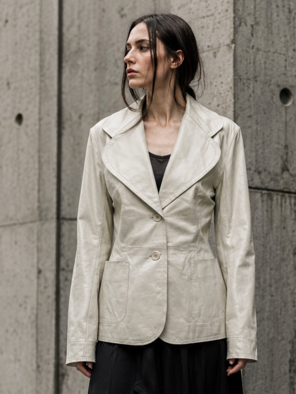 VINTAGE OLLY LONDON Bone Colored Leather Minimalist Two Button Jacket, 10